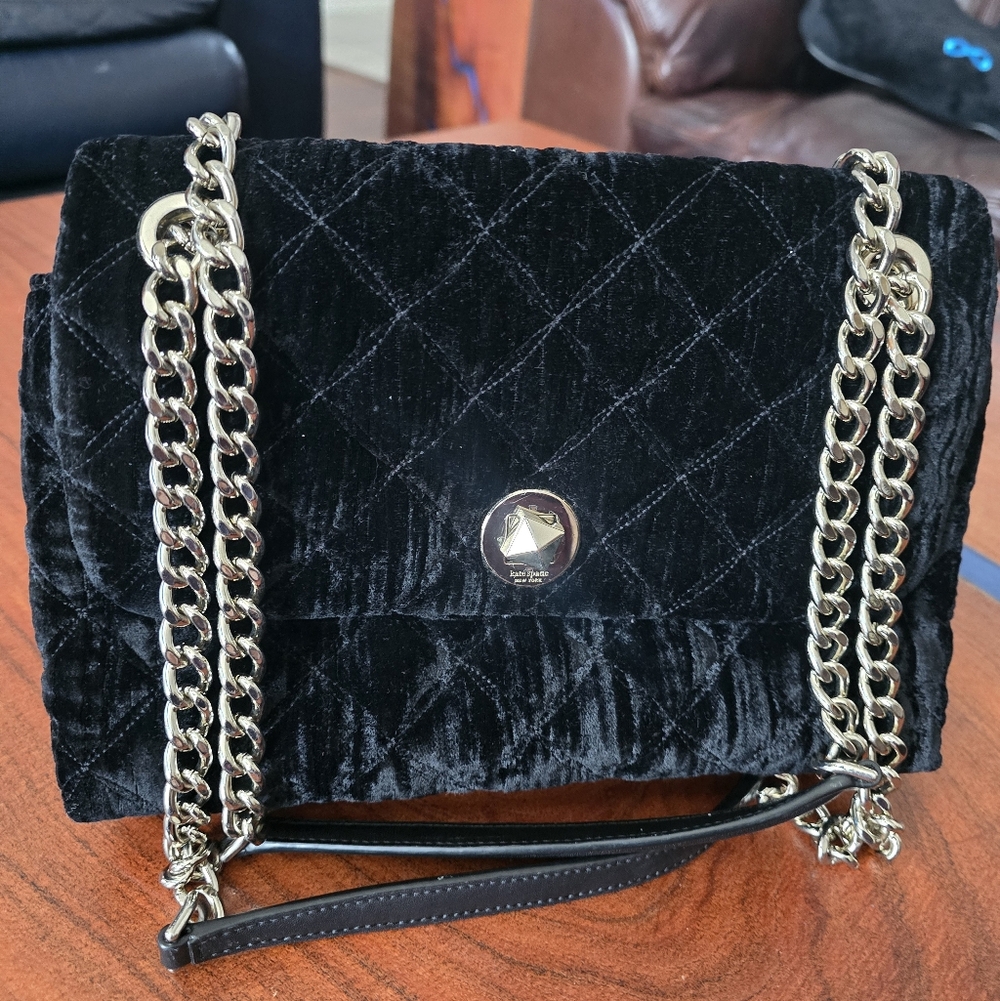 Kate Spade Natalia Quilted Black Medium Velvet Bag with Chain & Leather Strap